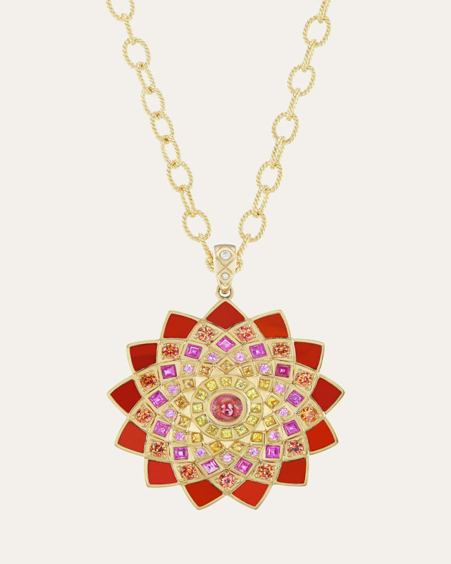 18K Yellow Gold Temple Inlay Mandala Pendant with Diamonds and Gemstones